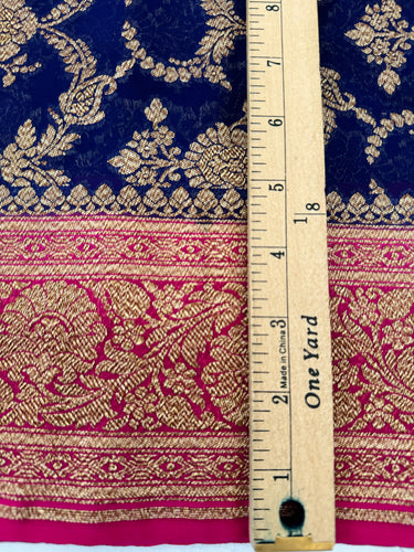 Handwoven Chiffon Saree | Royal Blue & Magenta | Gold Zari | Ships from California